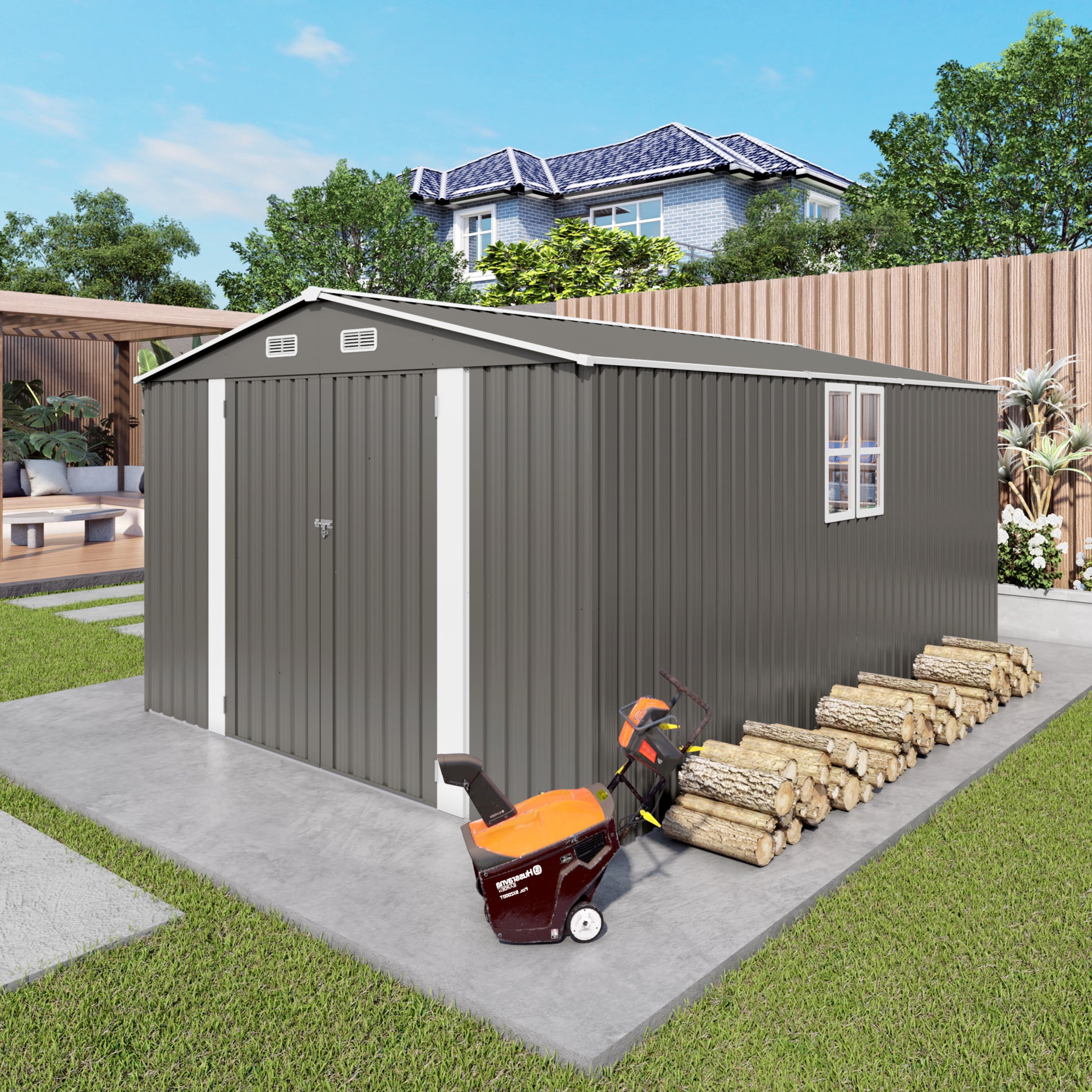 Noble House 10 x 14 FT Outdoor Metal Storage Shed with 3 Lockable Doors and Window, Gray