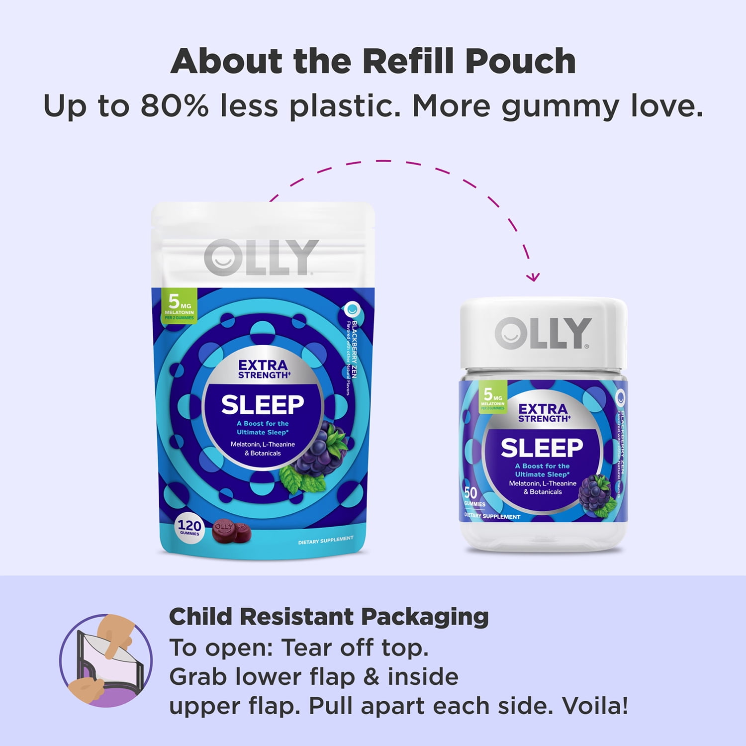 OLLY Extra Strength Sleep Gummy Supplement, 5 mg Melatonin, L-Theanine, Blackberry Zen Flavor, 120 Ct Pouch