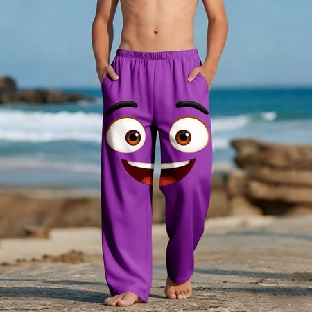 Boys Face Expression Print Sweat Pants Funny Sweatpants Summer Novelty Beach Trousers for Kids 4-14 Years Purple 8-9 Years