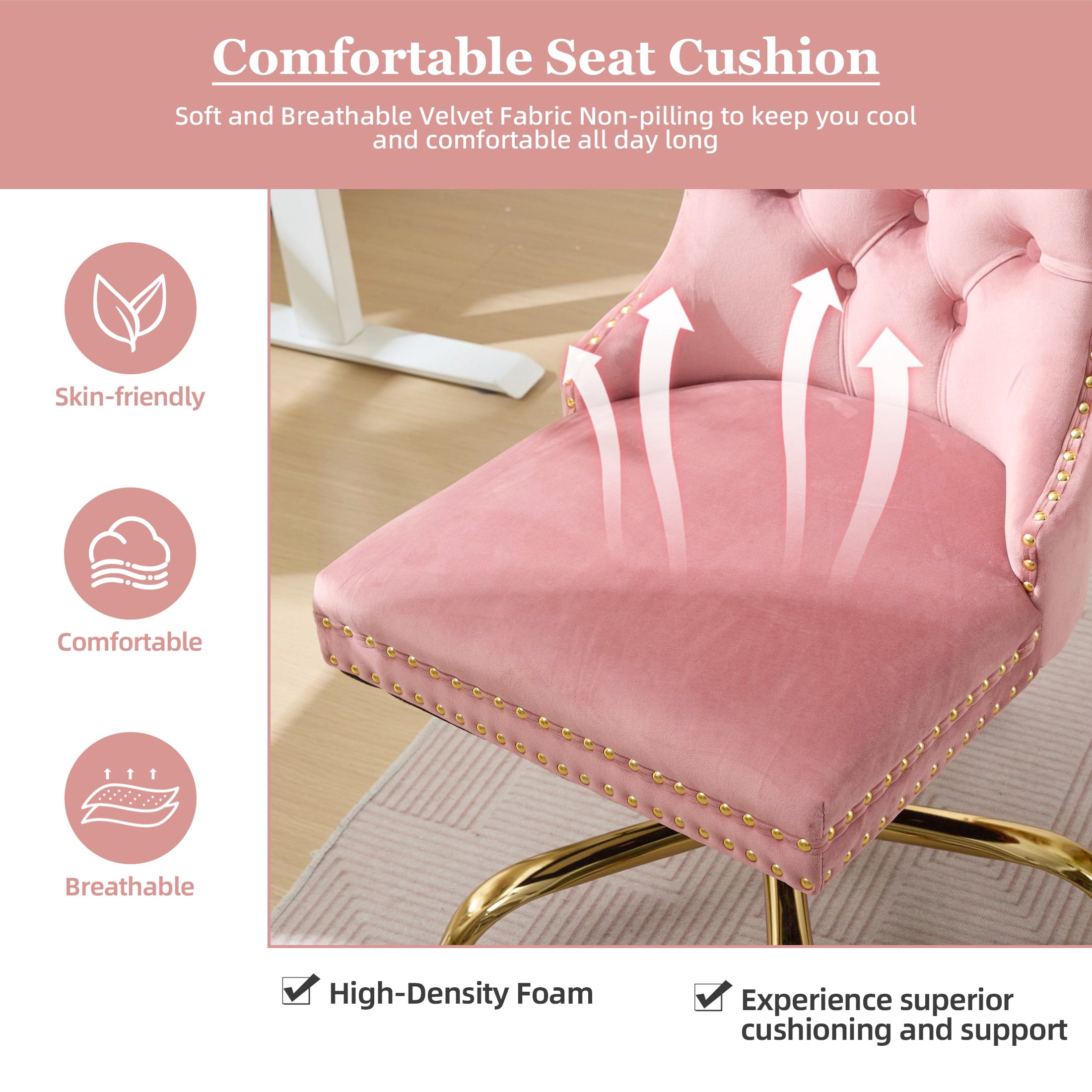 PAPROOS Vanity Chair, Swivel Home Office Chair, Ergonomic Home Desk Chair with Golden Metal Base, Adjustable Height, Velvet Upholstered Tufted Button Task Chair, Pink