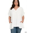 thumbnail image 2 of Zenana Women's Relaxed Fit Gauge Rolled Short Sleeve Raw Edge V-Neck T-Shirt Tunic, 2 of 3