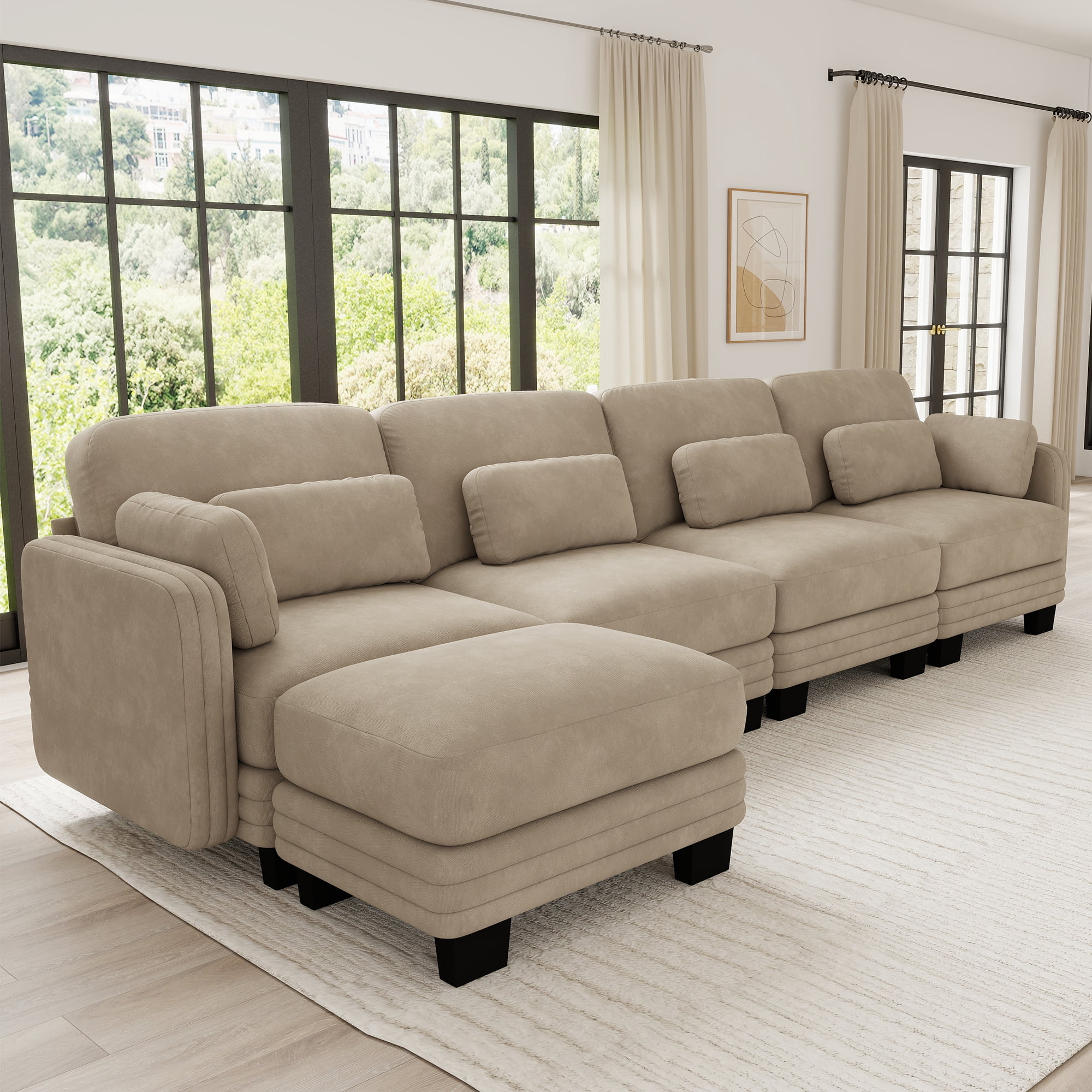 130" L Shape Modern Modular Sectional 4 Seater Sofa Couch with Movable Ottoman and 6 Pillows