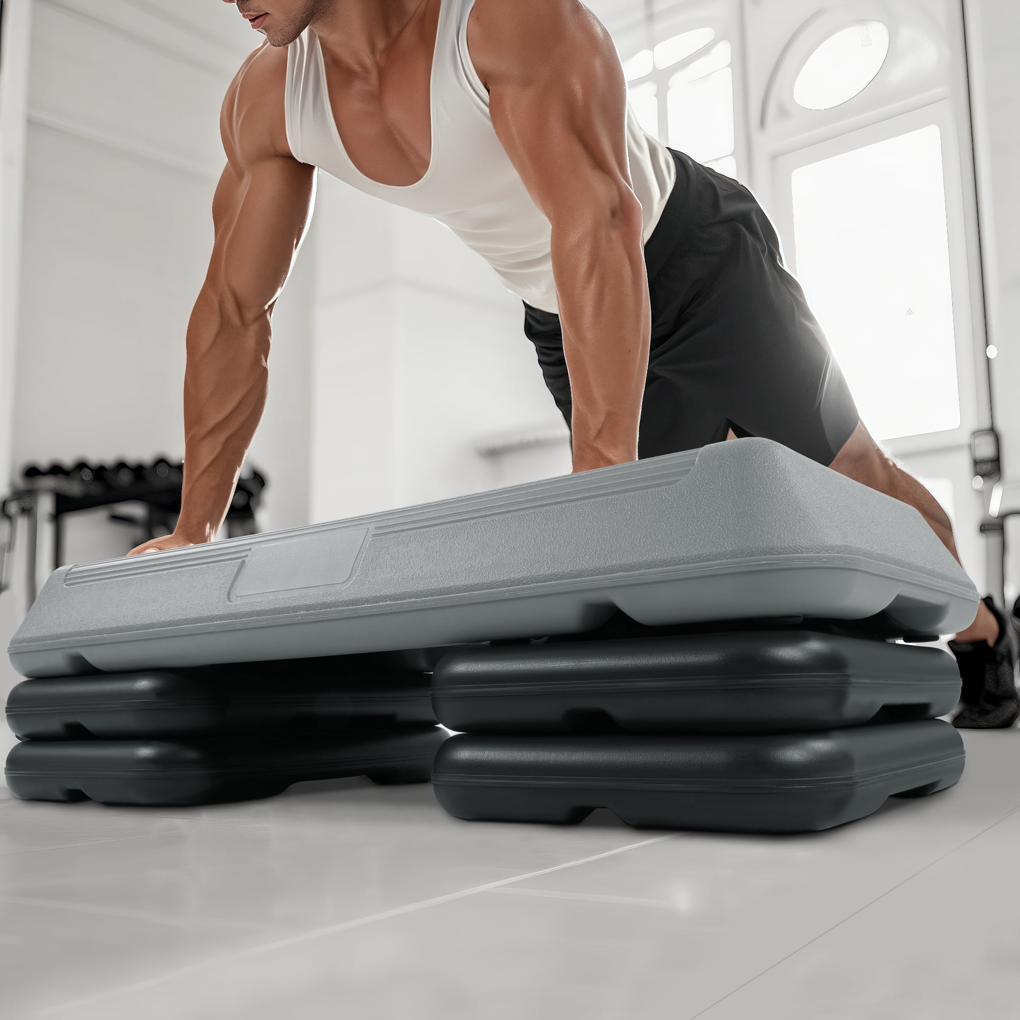 FlexWave 28-inch Aerobic Step Platform, Adjustable Fitness Stepper with 4 Adjustable Step Risers, Aerobics Stepper Workout Stepper for Aerobic Strength and Training in Home Gym, Gray