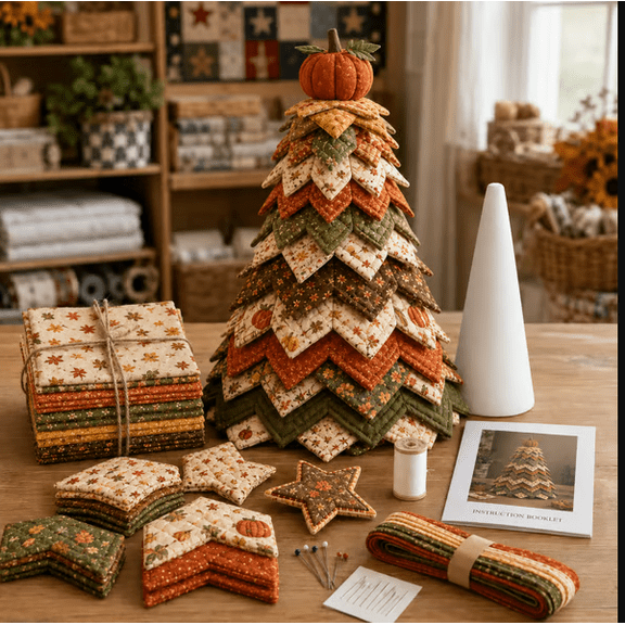 Americana Christmas Tree Quilt Kit , Easy Layered Fabric Holiday Decor for Quilting Lovers , Nostalgic Christmas Craft for Quilting Lovers