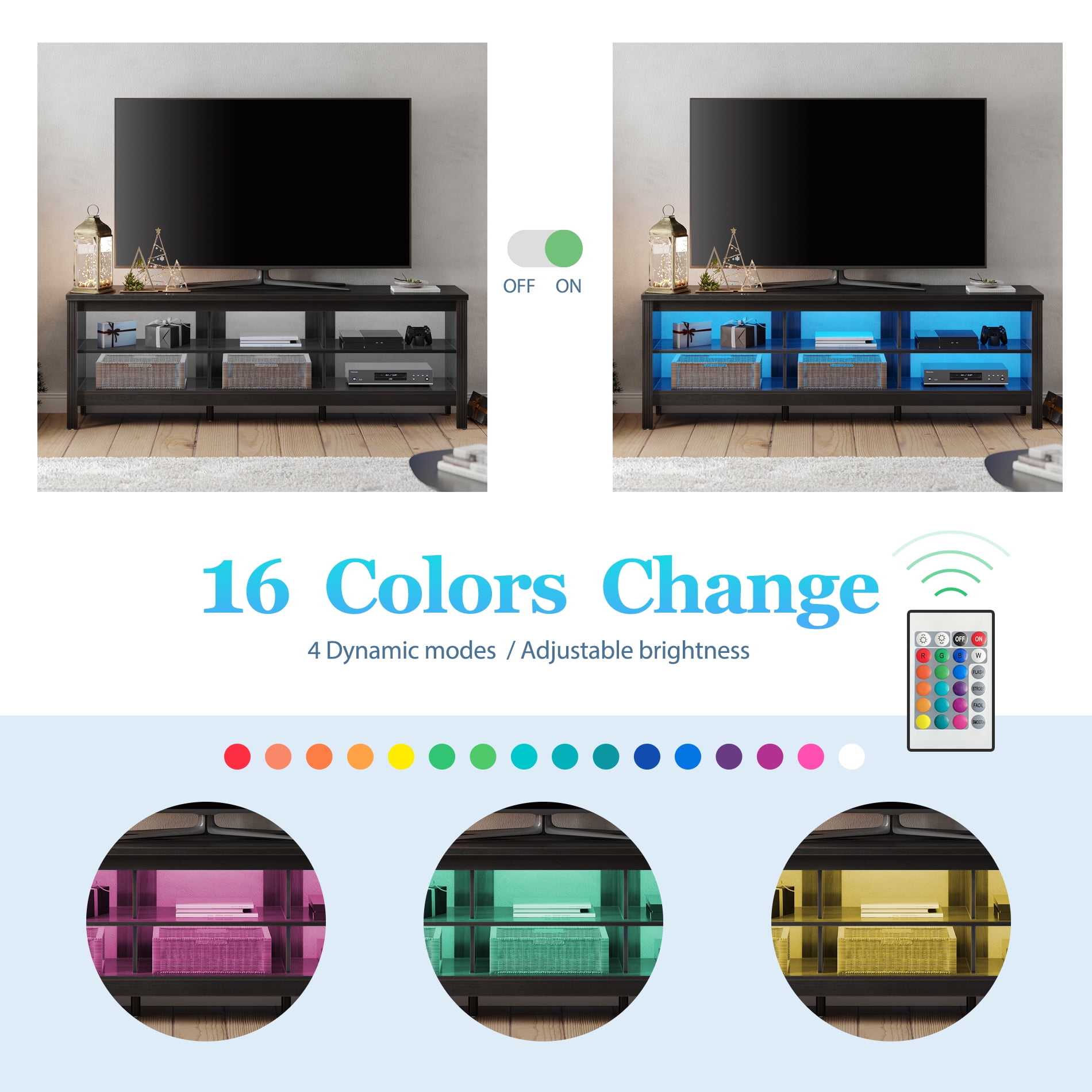 Farmhouse TV Stand for 75 inch TV with LED Light, Black Entertainment Center with 6 Storage for Living Room, Bedroom, 70 Inch
