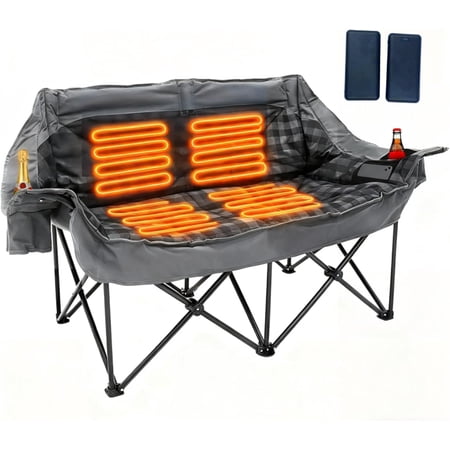 Heated Double Camping Chair with 2 Battery Padded Couch 3 Heat Levels and 4 Heating Zones Oversized Camp Loveseat Support 800lbs for Soccer Games Tailgating RV Travel Beach Days
