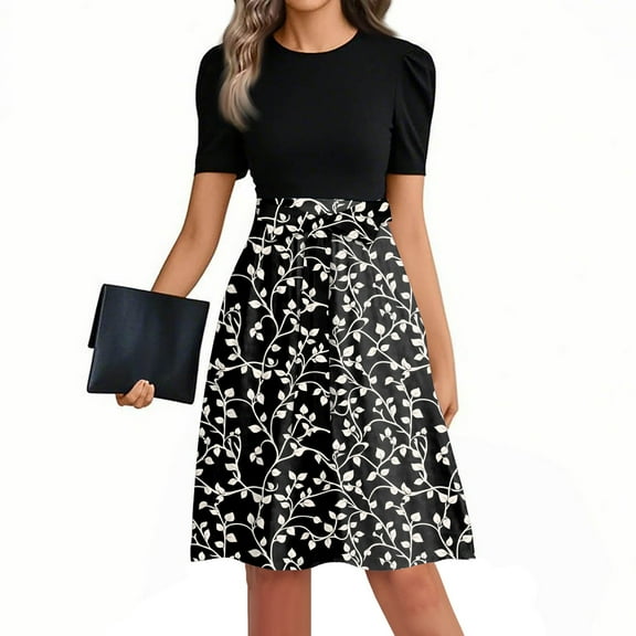 Mlqidk Business Dresses for Women Puff Sleeve Teacher Dress Boho Midi Dresses Floral Print Tie Waist Long Modest Shirt Dresses Elegant Office Attire Black 2XL
