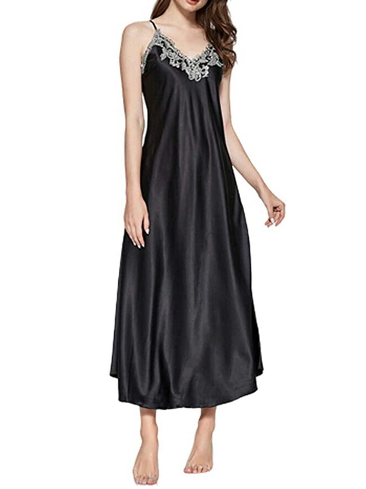 Women Satin VNeck Nightdress Lace Lingerie Nightgown Sleepwear Robe