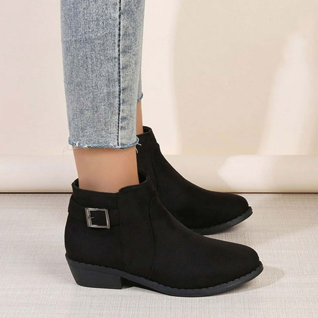 LSLJS Bottes à Talon Bas pour Femmes à Bout Rond avec Boucle de Ceinture en Cuir Métallique et Fermeture Éclair Latérale, Bottines et Bottillons pour Femmes, Bottes pour Femmes