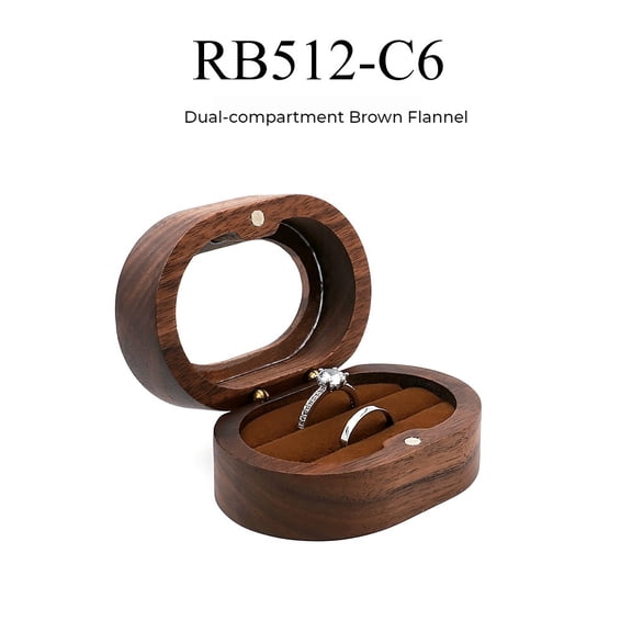Wooden ring box proposal ring bearer box small oval ring case for women's engagement wedding ceremony anniversary single ring holder boxes low profile vintage ring gift box(2 Slots Brown)