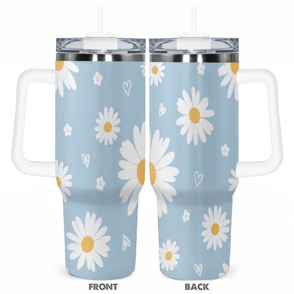 Blue Daisy 40oz Tumbler with Handle Stainless Steel Insulated Travel Coffee Cup Cute Floral Heart Car Cup Gift for Women