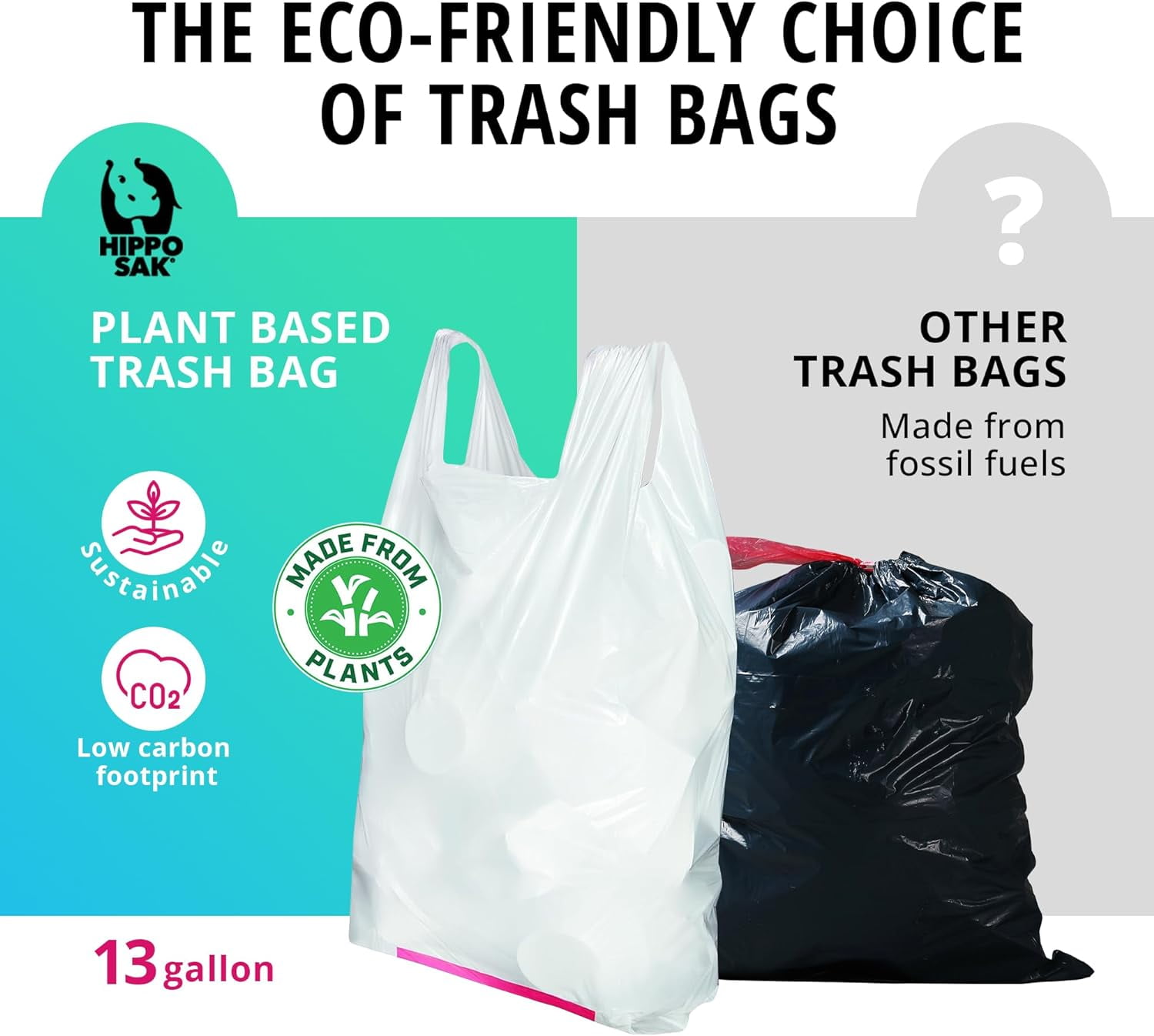 Plant Based Tall Kitchen Garbage Bags with Ergonomic Handles - 13 Gallon Trash Bags - Recyclable & Eco Friendly - Super Strong and Leak Proof Tall Kitchen Trash Bags (90 Count)