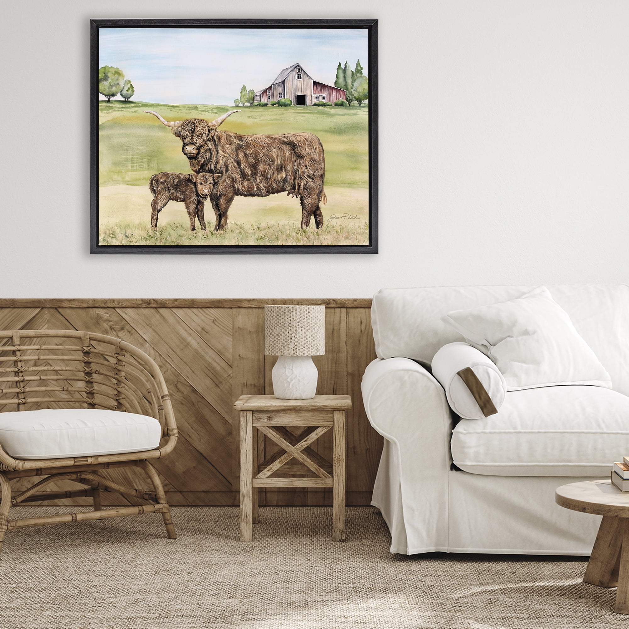 Highland Cow And Calf Black Framed Floater Canvas Wall Art, design by Jean Plout