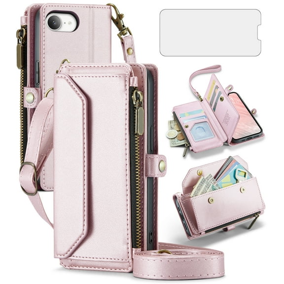 Compatible with iPhone 16e/SE 2025/SE 4 Zipper Wallet Phone Case Tempered Glass Screen Protector Crossbody Lanyard Strap Flip Card Holder Slot Cell Cover for i Phone16e i16e 16 e SE4 Women Rose Gold