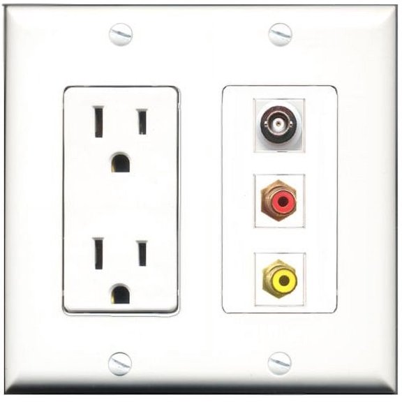RiteAV - 15 Amp Power Outlet 1 Port RCA Red 1 Port RCA Yellow 1 Port BNC Decorative Wall Plate