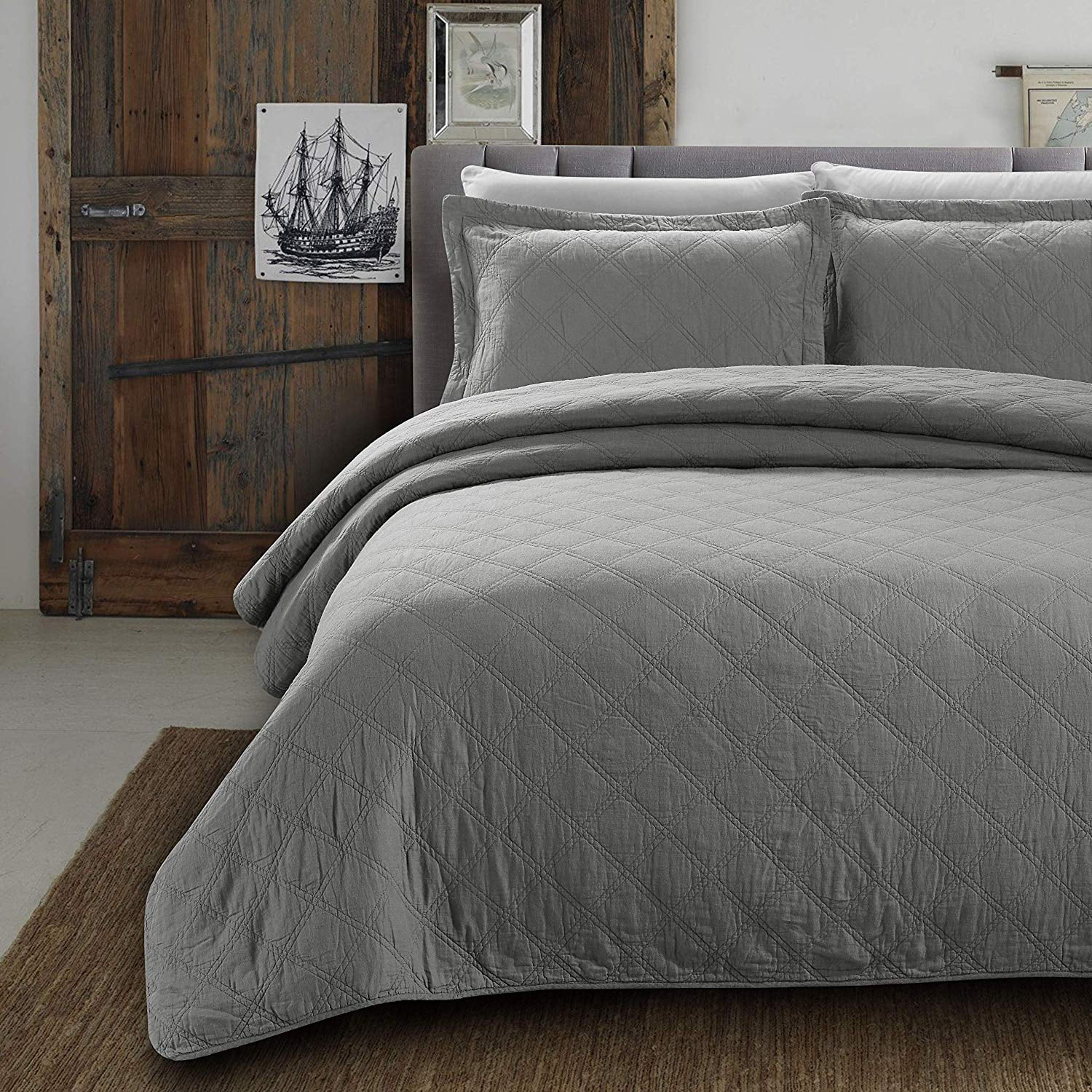 Chezmoi Collection Smoke Gray 3-Piece Pre-Washed 100% Cotton Bedspread Quilt Set 