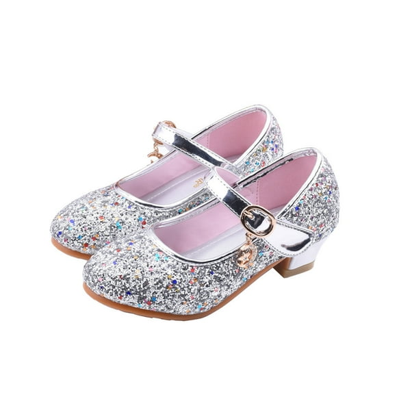 Woobling Kids Princess Shoe Magic Tape Mary Jane Chunky Heeled Sandals Lightweight Dance Sandal School Dress Shoes Silver 11.5C