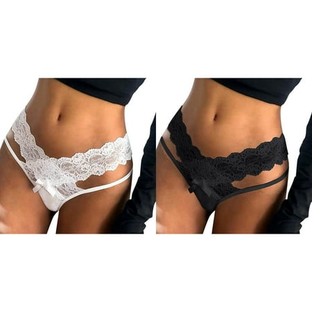 (2-Pack) Kcodviy Women Floral Lace Cotton Underwear for Women Bikini Mesh Panties Low Rise Blouse for New Year Eve Hollow Out Transparent Plus Ladies Tights Suite Full Body Size Underwear