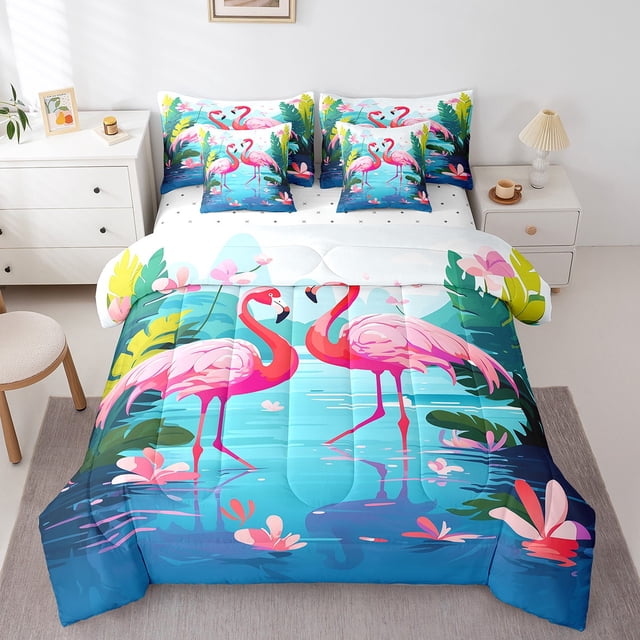 YST Flamingo Ensemble de Douillette 7 Pcs, Format Double, Thème Dessin Animé Aquarelle d'Animaux Rose, Polyester