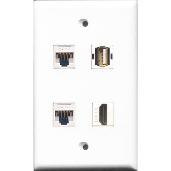 RiteAV 1 Port HDMI and 1 Port USB A-A 2 Port Cat5e Ethernet White Wall Plate