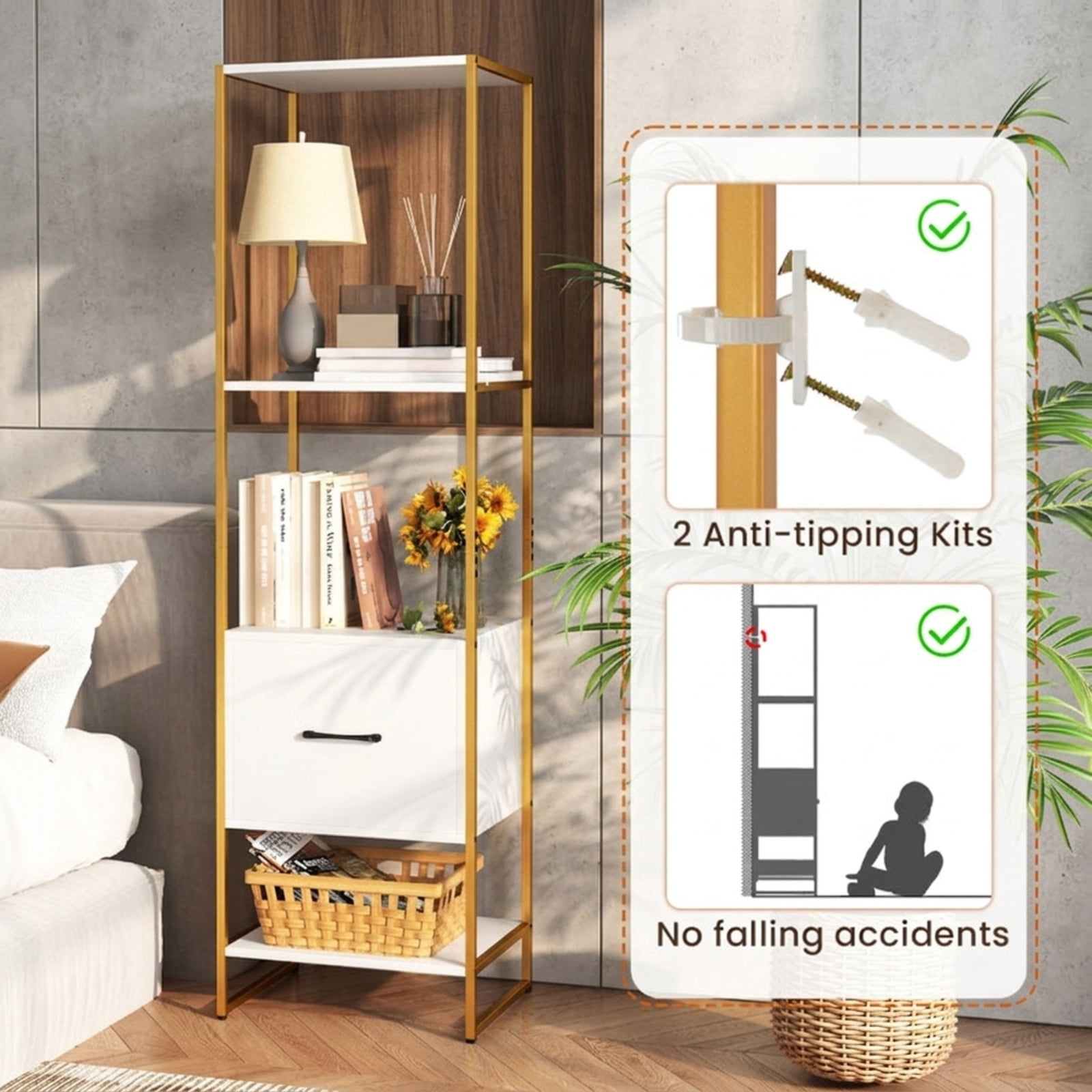 Furnibear 5-Tier Narrow Bookcase with 4 Open Shelves and Storage Drawer for Living Room Home Office Bedroom Display Storage Shelf, White