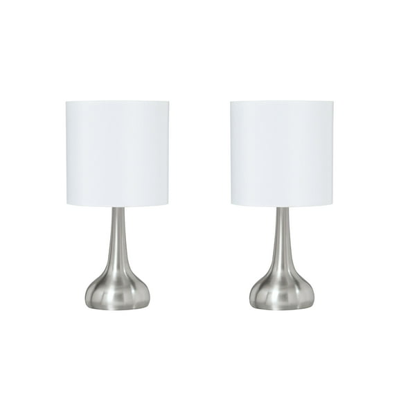 Aspen Creative 40231-12, Two Pack - 14-1/2" High Transitional Metal Table Lamp, Satin Nickel Finish and Drum Shaped Lamp Shade in Off White, 7" Wide