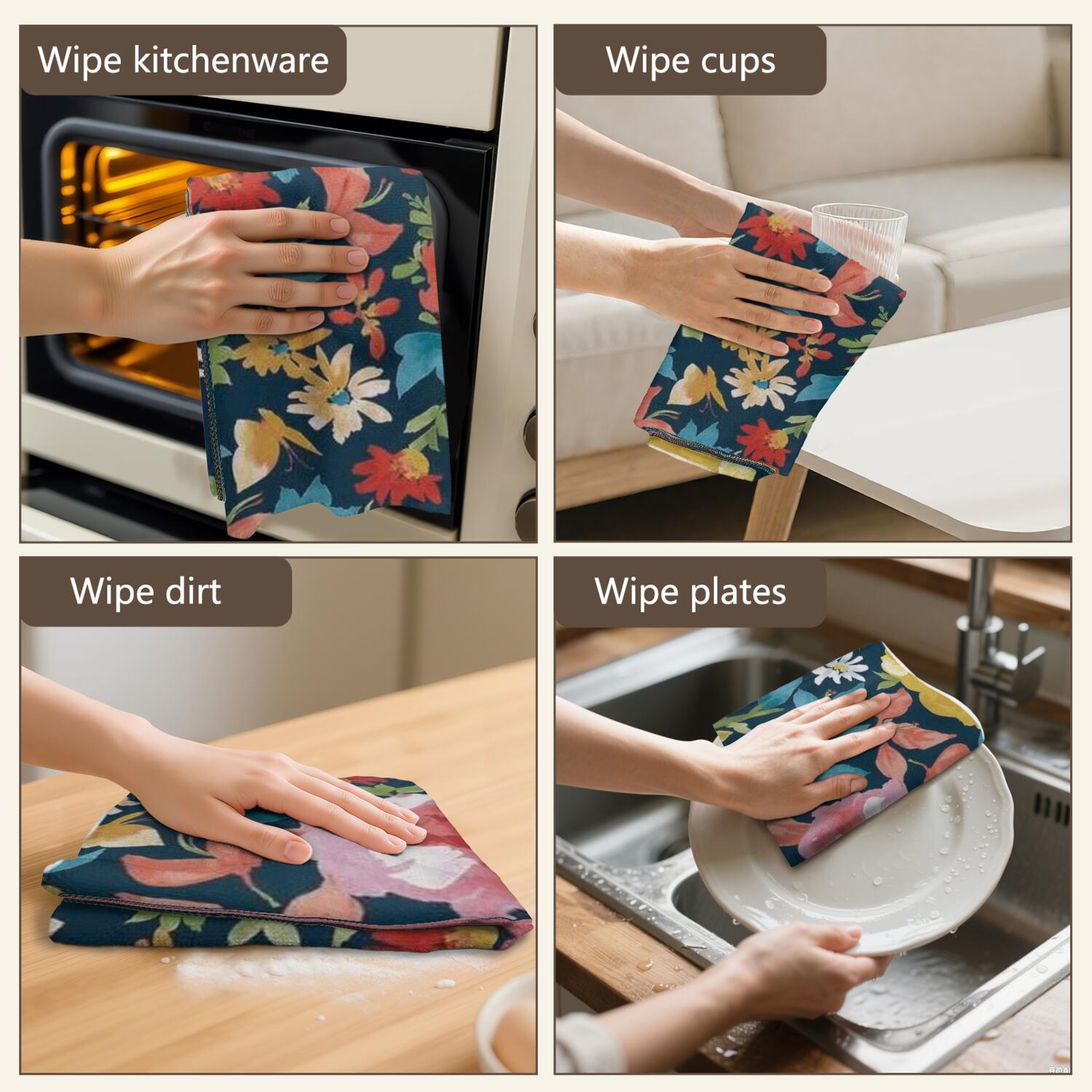 6 Pcs Funny Kitchen Towels,Pioneer Flower Floral Print Pattern Microfiber Dish Towels,Kitchen Tea Towels,Kitchen Towel Set (18" X 26")