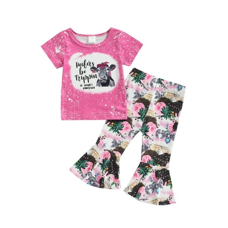 

aturustex 2PCS Toddler Girls Pants Set Short Sleeve T-Shirt Rose Cattle/Leopard Flare Trousers Long Pants (1-5 Years)