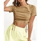 thumbnail image 4 of Top de manga corta para mujer, camisa de cuello redondo con cordones de Color sólido, ropa para citas y compras, 4 of 6