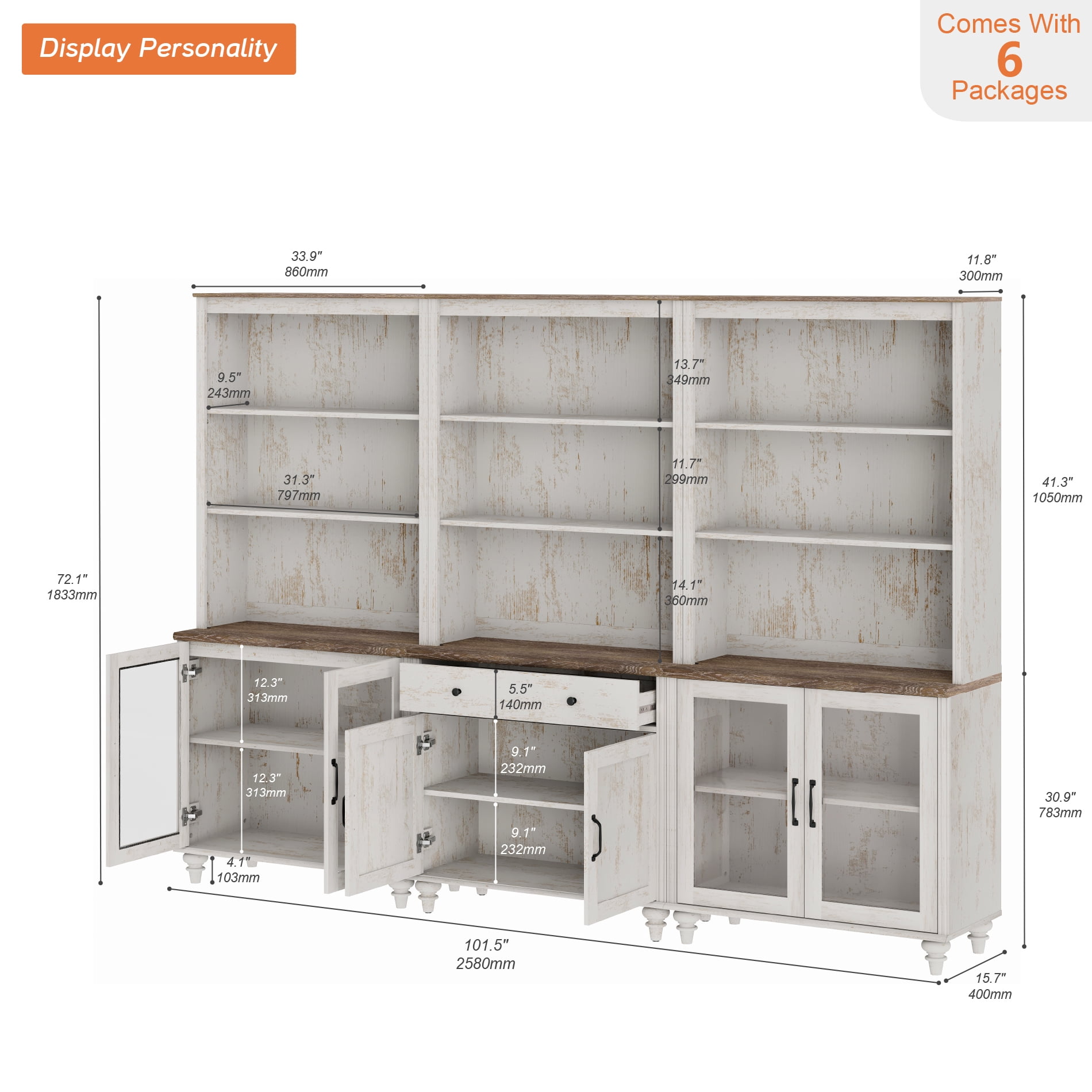 Farmhouse 5 Tier Bookcase With Doors & Drawer, Rustic White, 101.6" W
