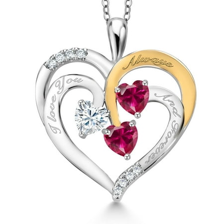 Gem Stone King Two Tone White Moissanite and Red Created Ruby `I love you always and forever` Engraved Pendant Necklace for Women (1.62 cttw, Heart Shape 5MM, 18 inch Chain)