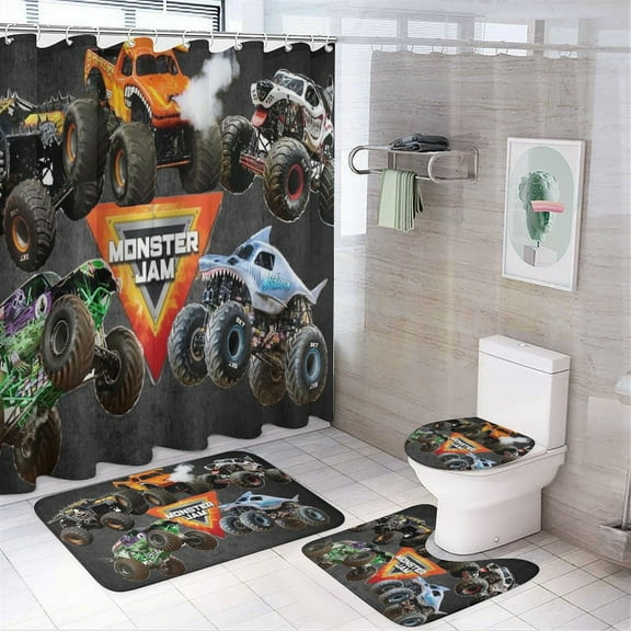 Monster Trucks Jam 4 Pcs Shower Curtain Sets Non-Slip Rugs Bath Mat Toilet Cover U Shaped Mat for Bathroom Decor Mats