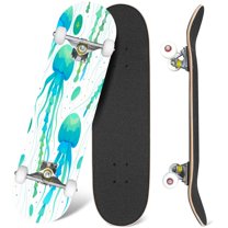 31'' Complete Skateboard 7 Layer Canadian Maple Double Kick Deck Skateboards detailed transparent jellyfish Blue sea jelly white Skate Board for Beginner Adult Gifts