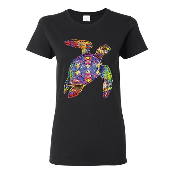 Colorful Rainbow Sea Turtle Animal Lover Womens Graphic T-Shirt, Black, Small
