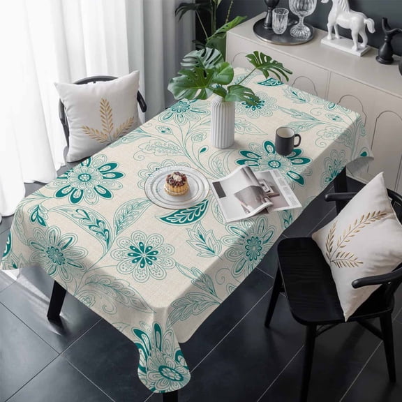 Teal Boho Table Cloth Waterproof Tablecloths, Vintage Pattern Ethnic Flower Tribal Leaf Tablecloth Dining Table Cover for Kitchen Party Tabletop Outdoor, Rectangle Tablecloth 54x108 Inch