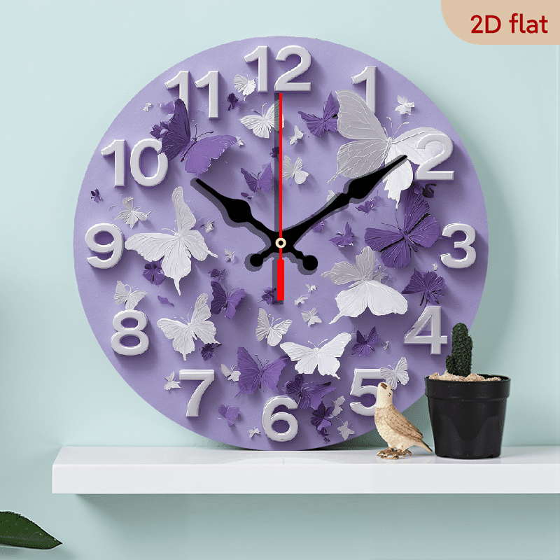 2D Flat 1pc 10Inch Wooden Purple Butterfly Wall Clock - 10Inch Silent Non-Ticking Battery Operated (AA Not Included) - Vibrant Lavender White Butterfly Design for Home Office Bedroom Decor