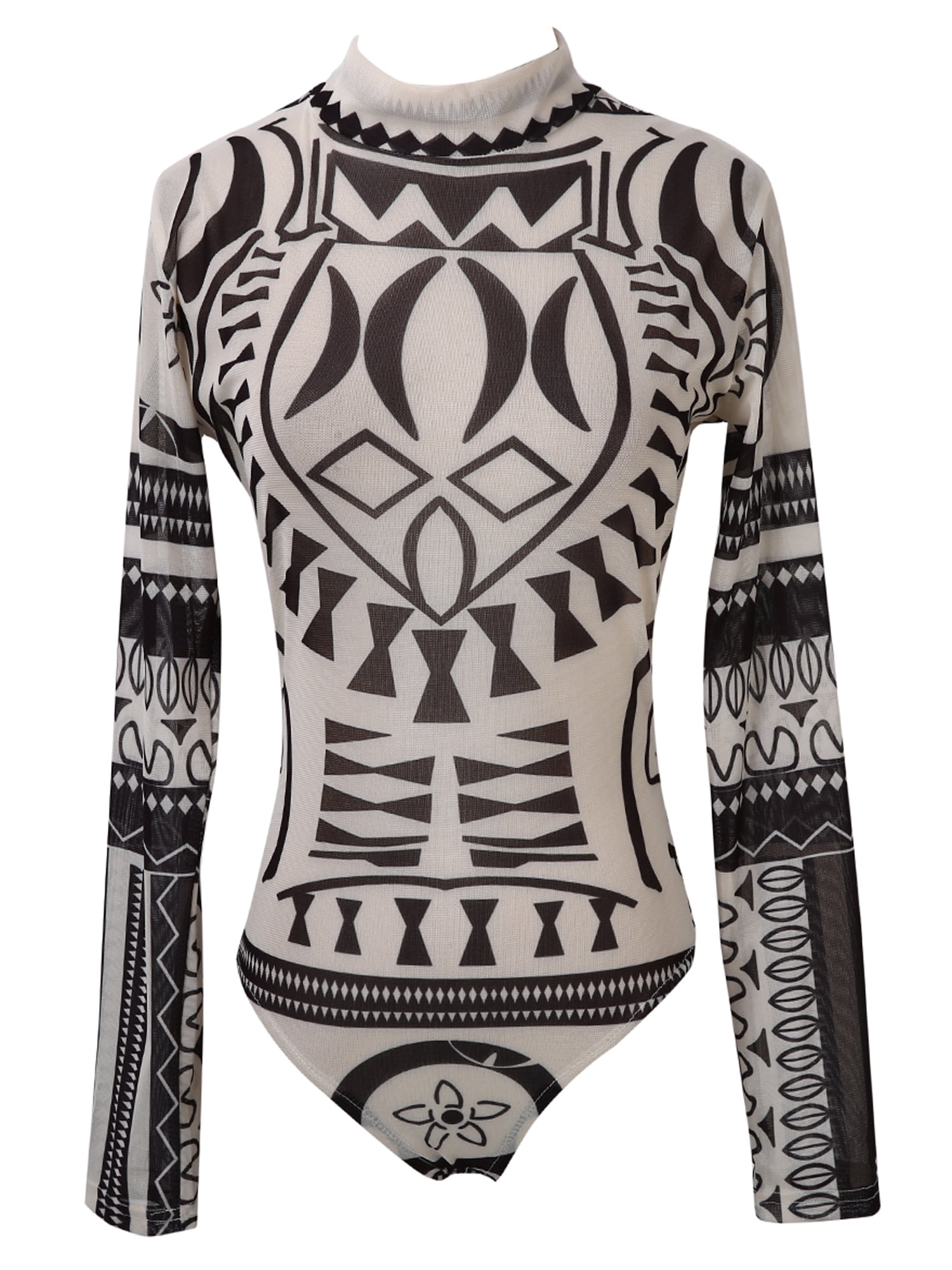 Women Tatoo Tribal Print Strechy Bodysuit See-Through Mesh Sheer Long ...