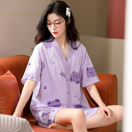 

QWZNDZGR Summer New Purple Pajamas For Women Cute Girl Sleepwear Kimono Pajama Sets Pyjamas Casual Sleepwear Homewear Lounge Home Fashion