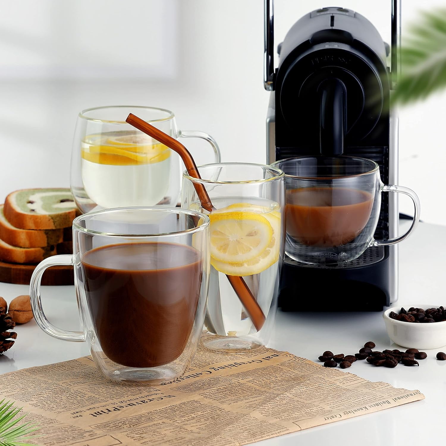 Large Glass Coffee Mugs 17oz,Double Walled Insulated Clear Coffee Cups with Handle,Clear Espresso Mugs for Cappuccino,Latte,Tea Bags,Hot and Cold Beverages
