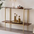 thumbnail image 4 of Rectangle Coffee Table Mid-Century Modern Design L W x H for Living Room - Structure Amber Glass Top and Walnut MDF Shelf Sleek Conical Metal Legs with Gold Finish, 4 of 8