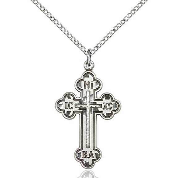 Sterling Silver Russian Cross Pendant 1 1/8 x 5/8 inches with Sterling Silver Lite Curb Chain
