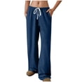 thumbnail image 3 of Women's Solid Cotton Blend Elastic Waist Casual Pants With Side Pockets, Mid Waist Tummy Control Workout Joggers, Comfortable Relaxed Fit Travel Active | TruBelle,Blue XL, 3 of 8