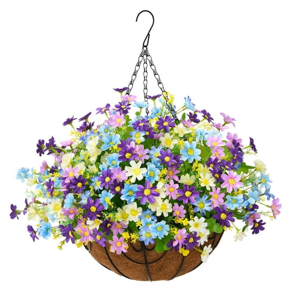 Artificial Hanging Flowers in Basket Outdoor Decoration,Fake Daisy Plants Arrangement,12inch Coconut Lining Pot,Outdoor Indoor Patio Lawn Garden Porch Summer Decor (Dark Purple)