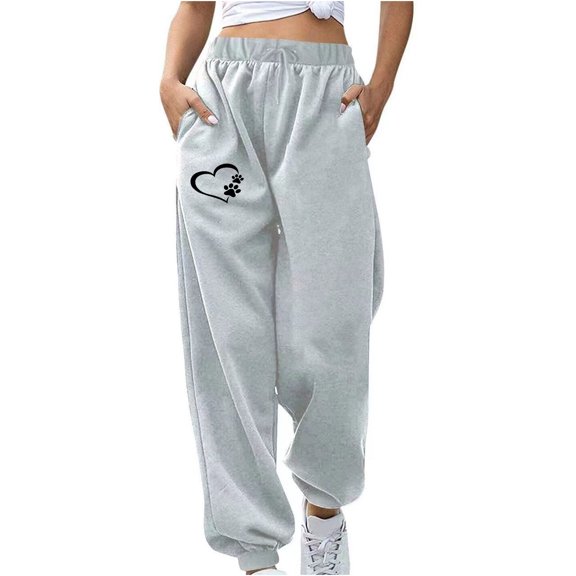 IROINNID Savings Women's Sweatpants Casual Jogger Pants Love Print Drawstring Waist Comfy Loose Fit Sweatpants with Pockets,Gray