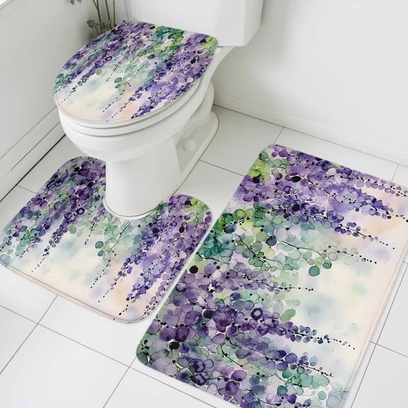 Purple Green Lavender Bathroom Rugs Set Modern Abstract Romantic Watercolor Flower Leaf Non Slip Absorbent Soft Bath Mats 3 Piece Set, Bathroom Rug, U-Shaped Floor Mat, Toilet Seat Cover Large Size