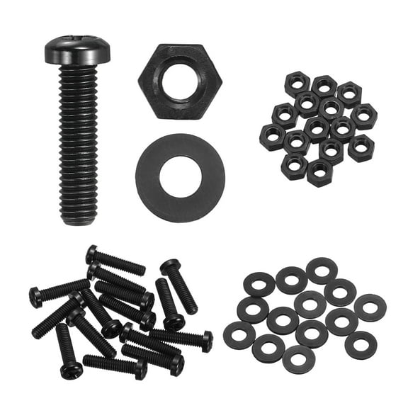 Uxcell 15 Set M6x25mm Nylon Plastic Cross Round Head Screw Phillips Bolts Hex Nuts Flat Washers Assortment Kit, Metric Full Thread Bolt Fasteners for DIY Machine Assembly, Black
