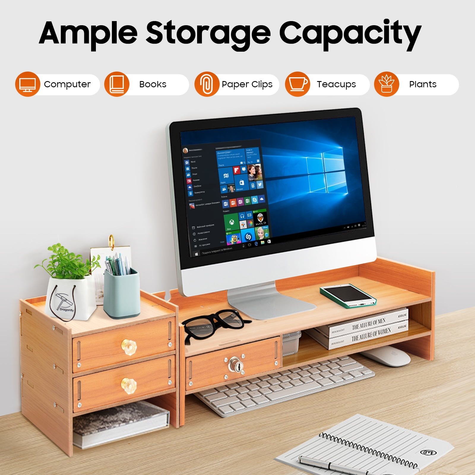 Desktop Storage Organizer with Lockable Drawer, Phone Holder & Keyboard Space, Ergonomic Monitor Riser for Office & Home