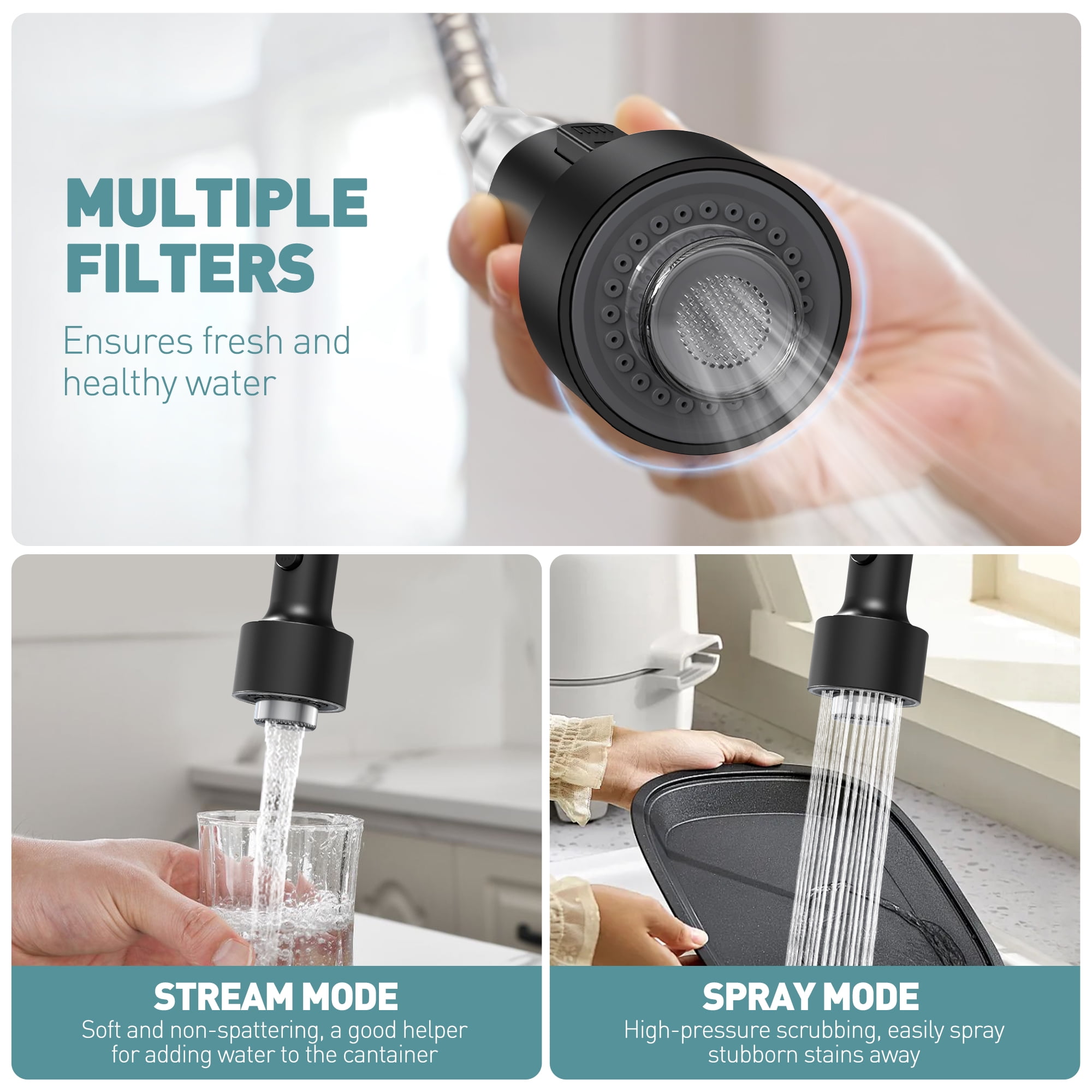 GPED Kitchen Faucet with Pull Down Sprayer & 3-Modes LED Light, SUS304 Stainless Steel, Single Handle Spring Kitchen Sink Faucet with Deck Plate & Water pipes, High Arc Sink Faucet for Rv, Laundry