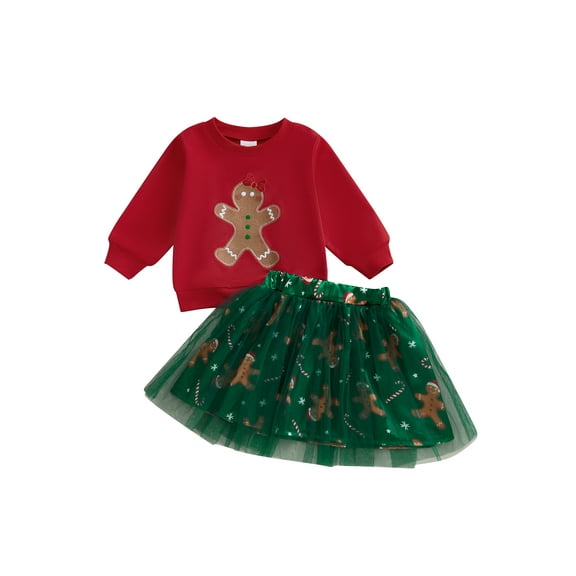 Toddler Baby Girls 2Pcs Christmas Outfits 6 12 18 24 Months 2T 3T 4T Long Sleeve Gingerbread Sweatshirt   Tulle Skirt Set Clothes