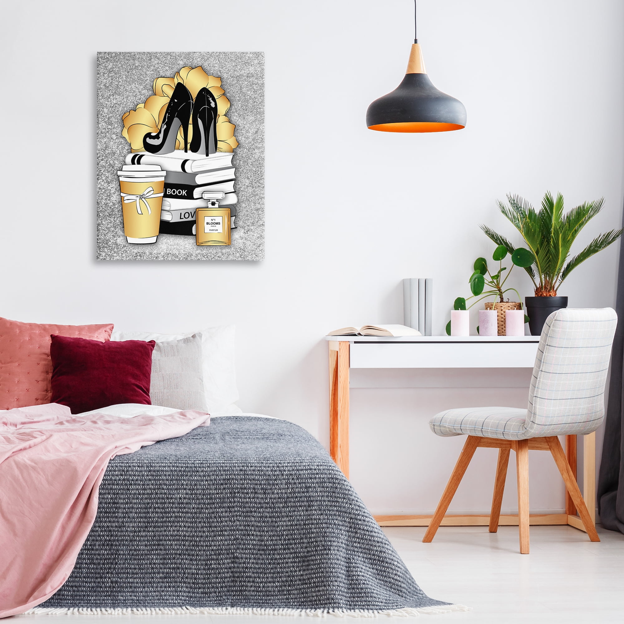 Stupell Industries Gold & Black Glam Books Beauty & Fashion Painting Gallery Wrapped Canvas Art Print Wall Art, 30 x 40